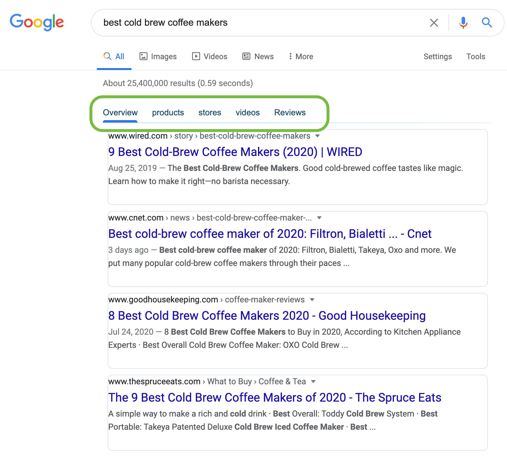 resultados de búsqueda google con subcategorias