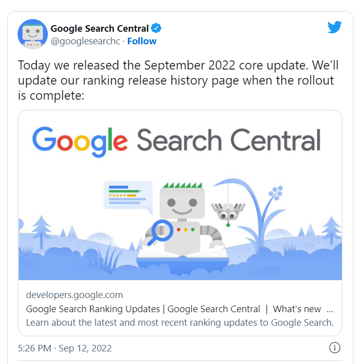 Antes de que se completara el 9 de septiembre la August 2022 Helpful Content Update, Google anunciaba la puesta en marcha de su segunda actualización del algoritmo central de este año, la September 2022 Core Update twitter